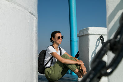 Woman wearing a comfy airport outfit